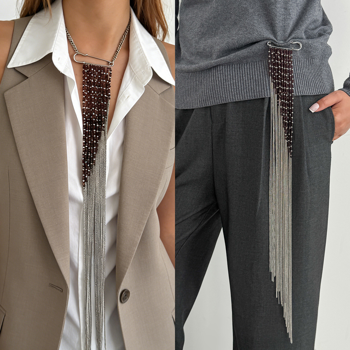 Women Accessories Trendy - Silver Color Tassel Chain Brooch Fashion