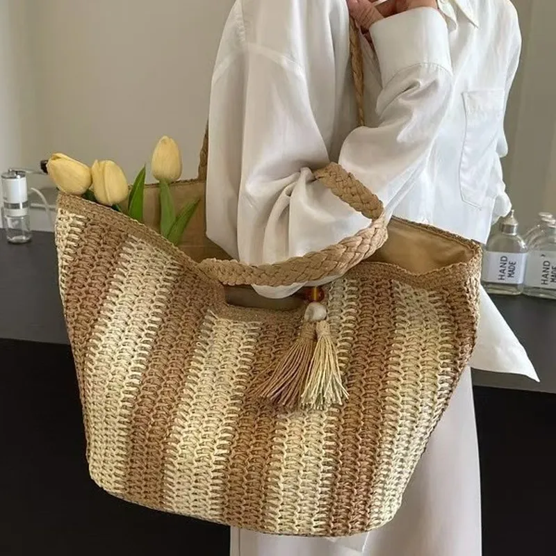 Striped woven straw tote bag f – Women'S Vacation Accessories recenzja i cena